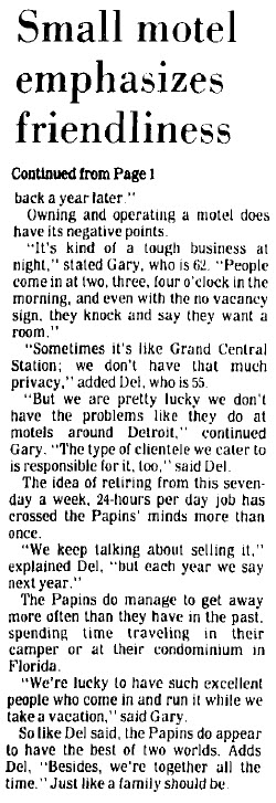 Huron Valley Motel - 1984 Article About Owners